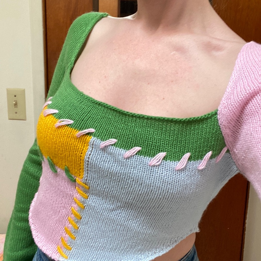 Shein • Adorable Patchwork Cropped Sweater - Picture 2 of 14